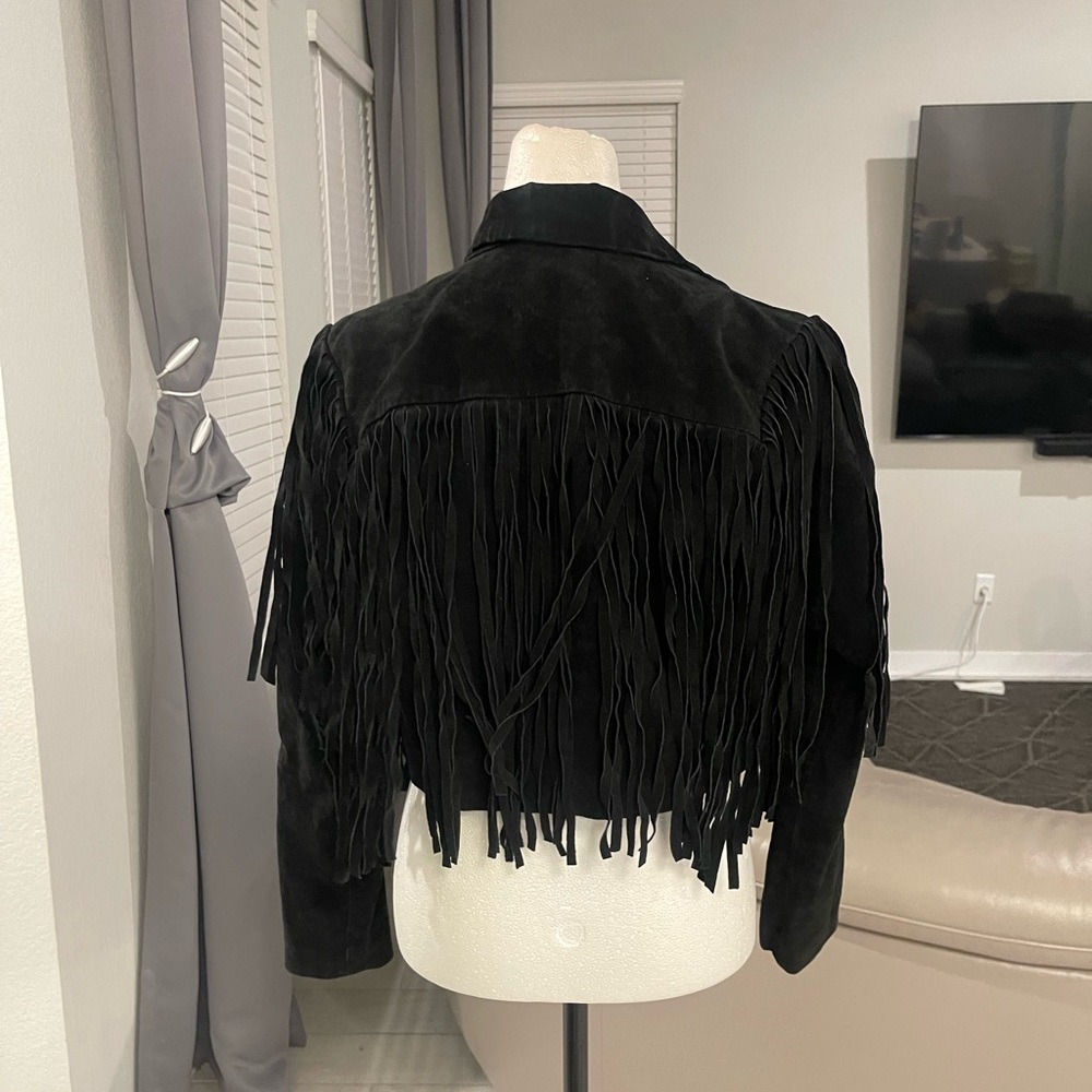Y2K vintage XXI forever 21 genuine leather pigskin suede fringe cropped jacket M - Picture 3 of 7